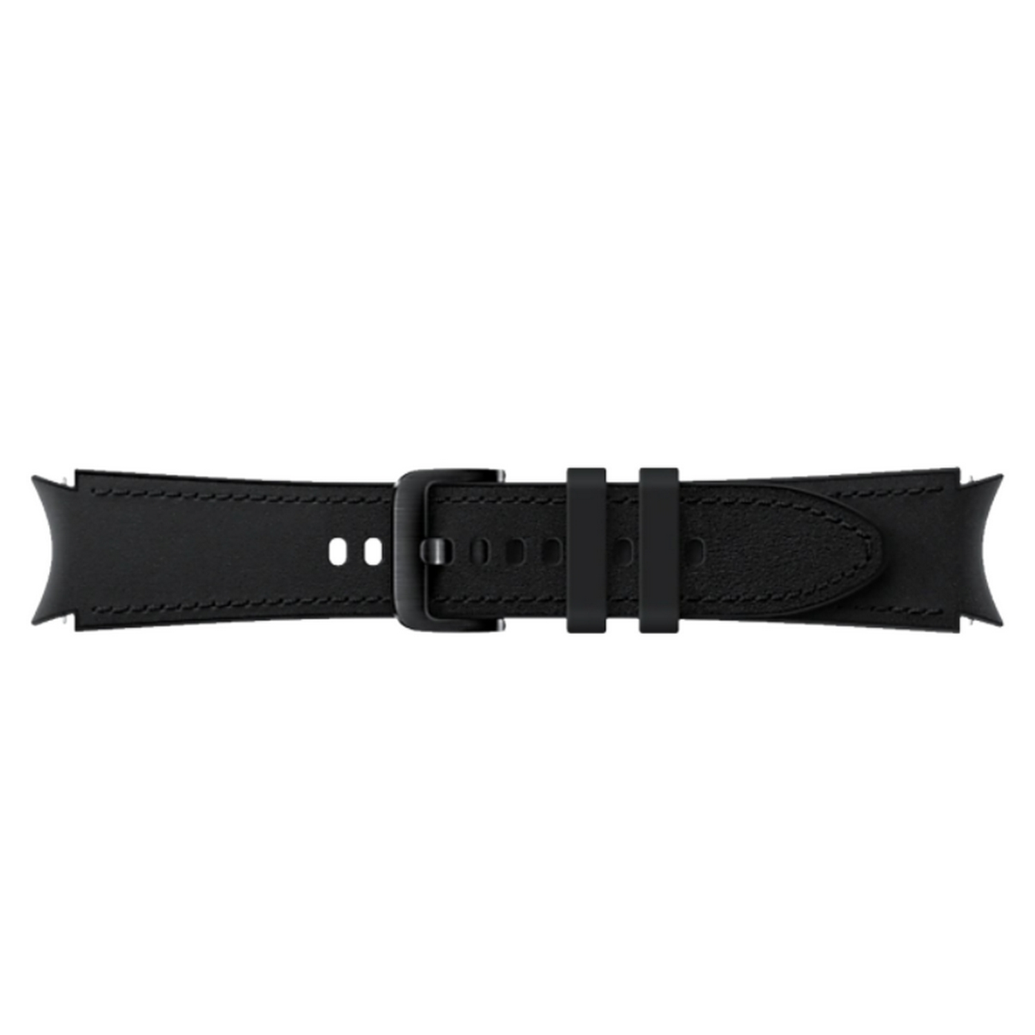 Una correa de reloj de cuero negro con hebilla negra.