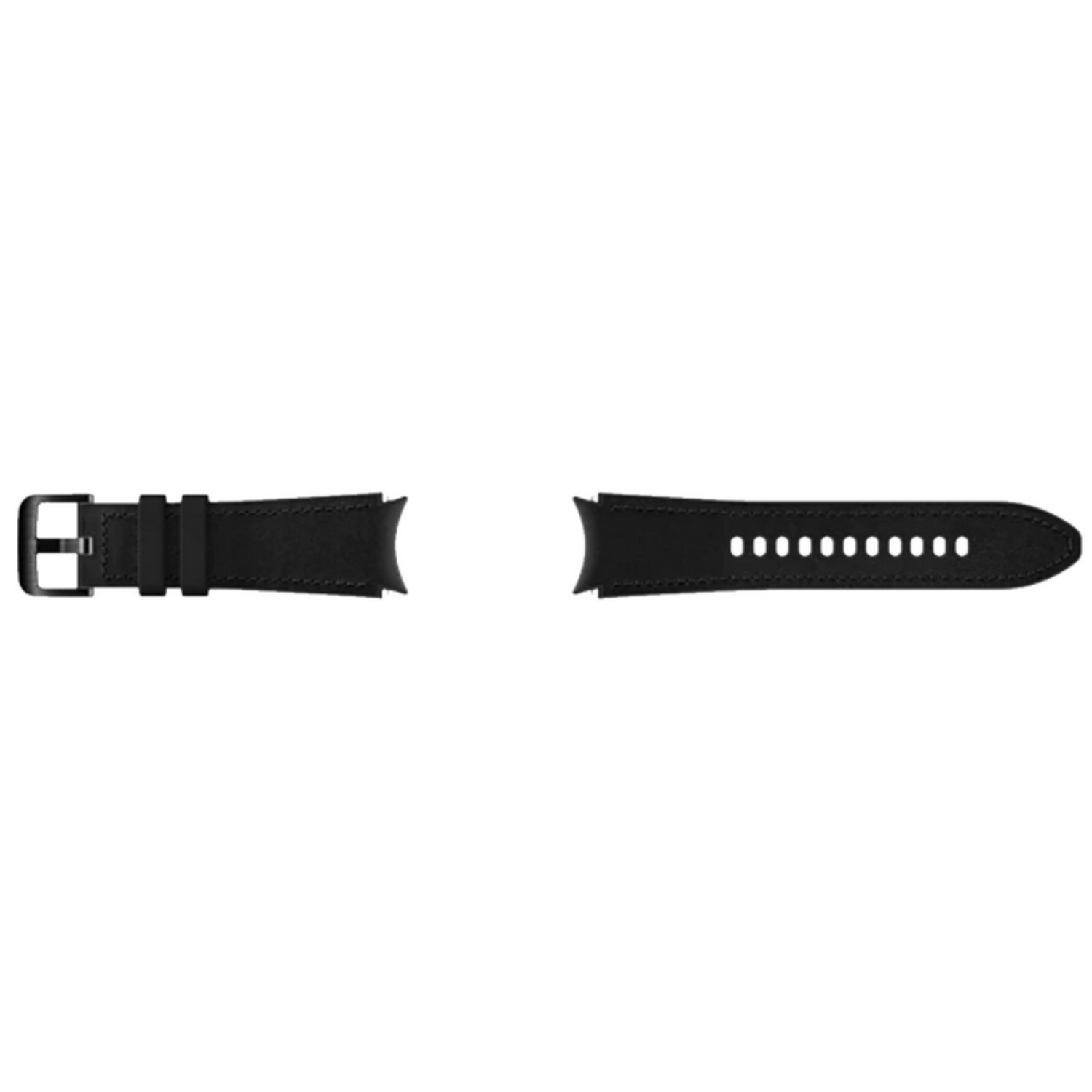 Dos correas de reloj negras, separadas. Una con hebilla, la otra con agujeros para ajuste.