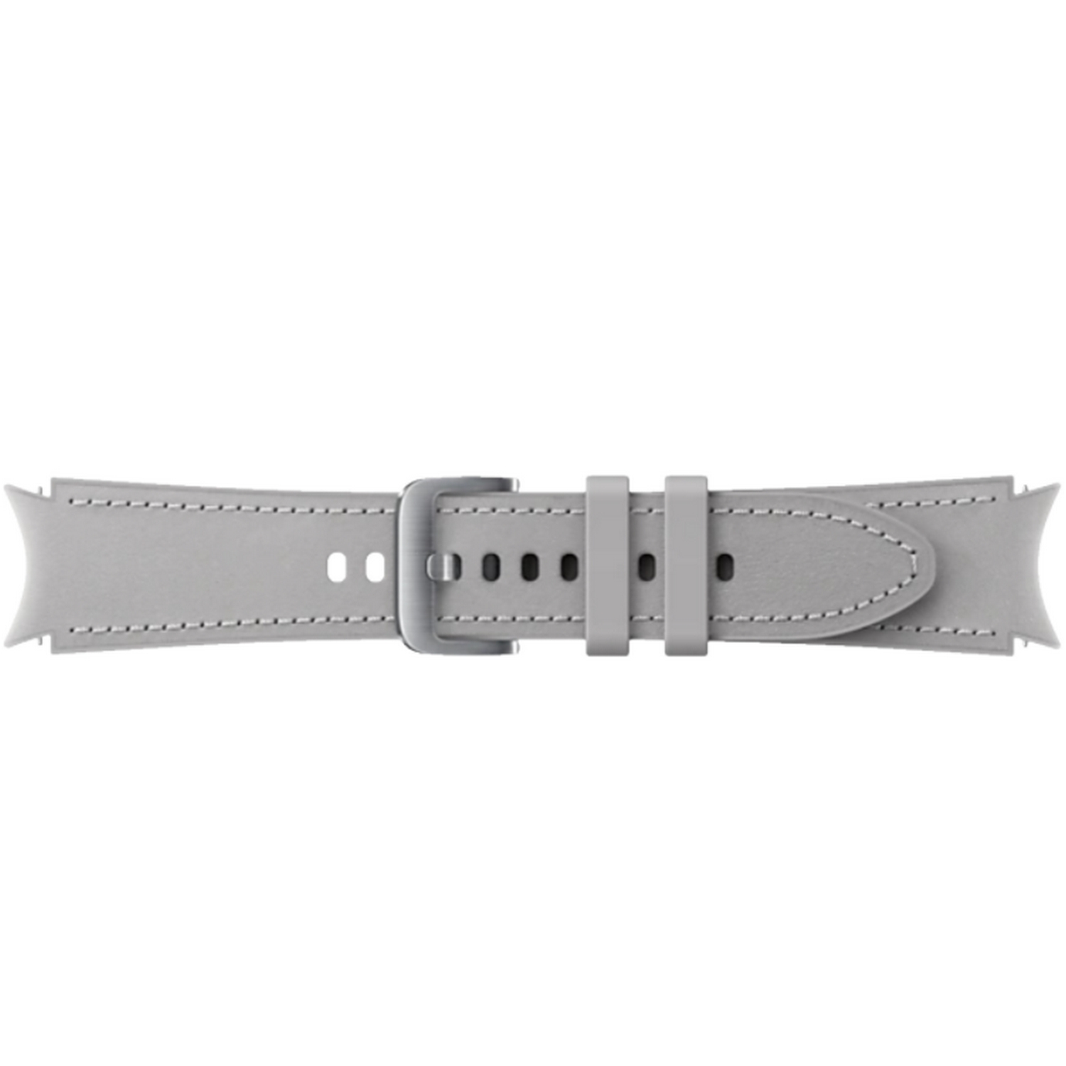 Una correa de reloj gris con hebilla plateada está plana, mostrando detalles de costura.