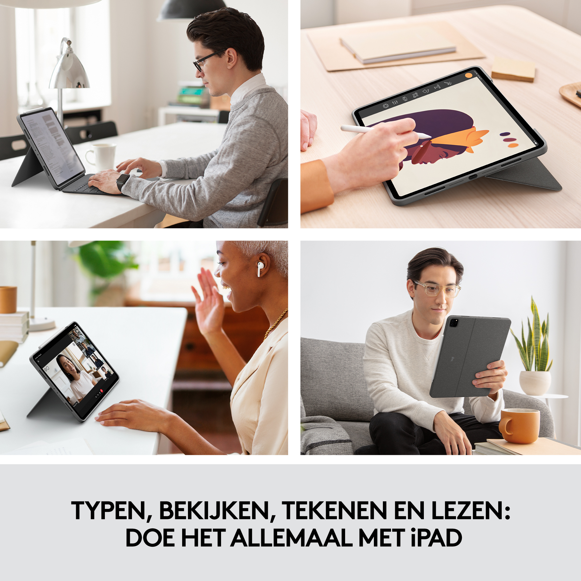 Four images showing people using an iPad for typing, drawing, video calls, and reading.