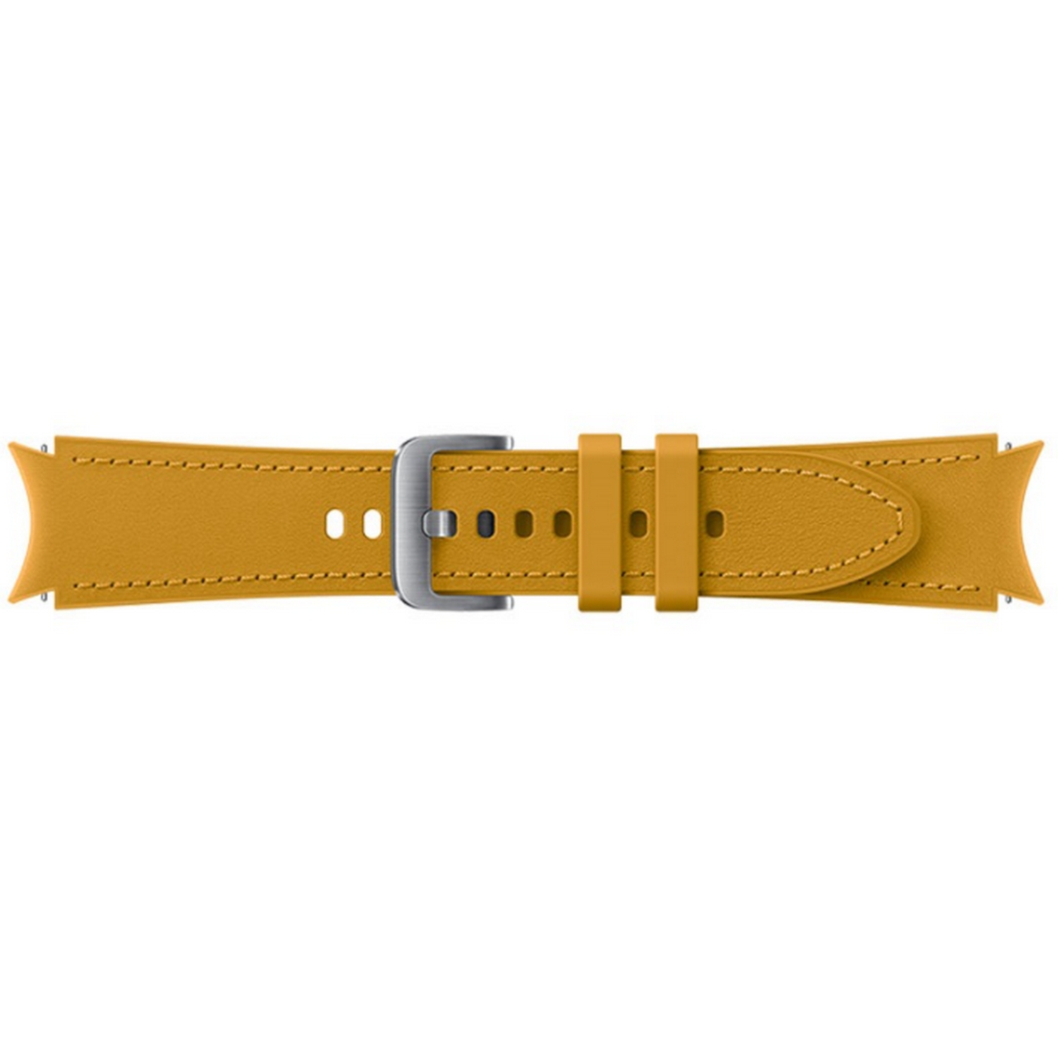 Correa de reloj amarillo mostaza. Tiene una hebilla plateada y dos presillas para sujetar la correa.