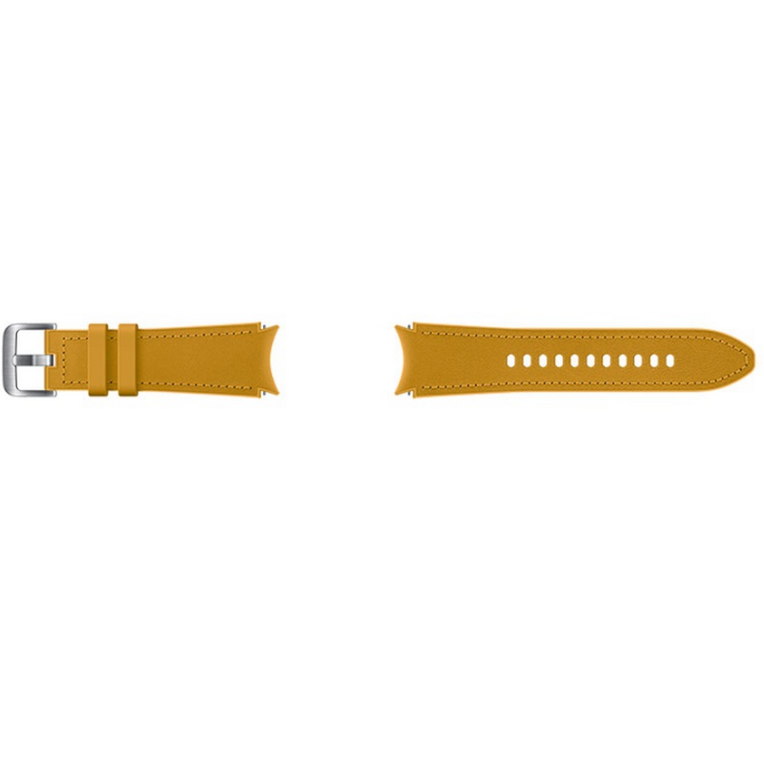 Correa de reloj amarillo mostaza con hebilla plateada.