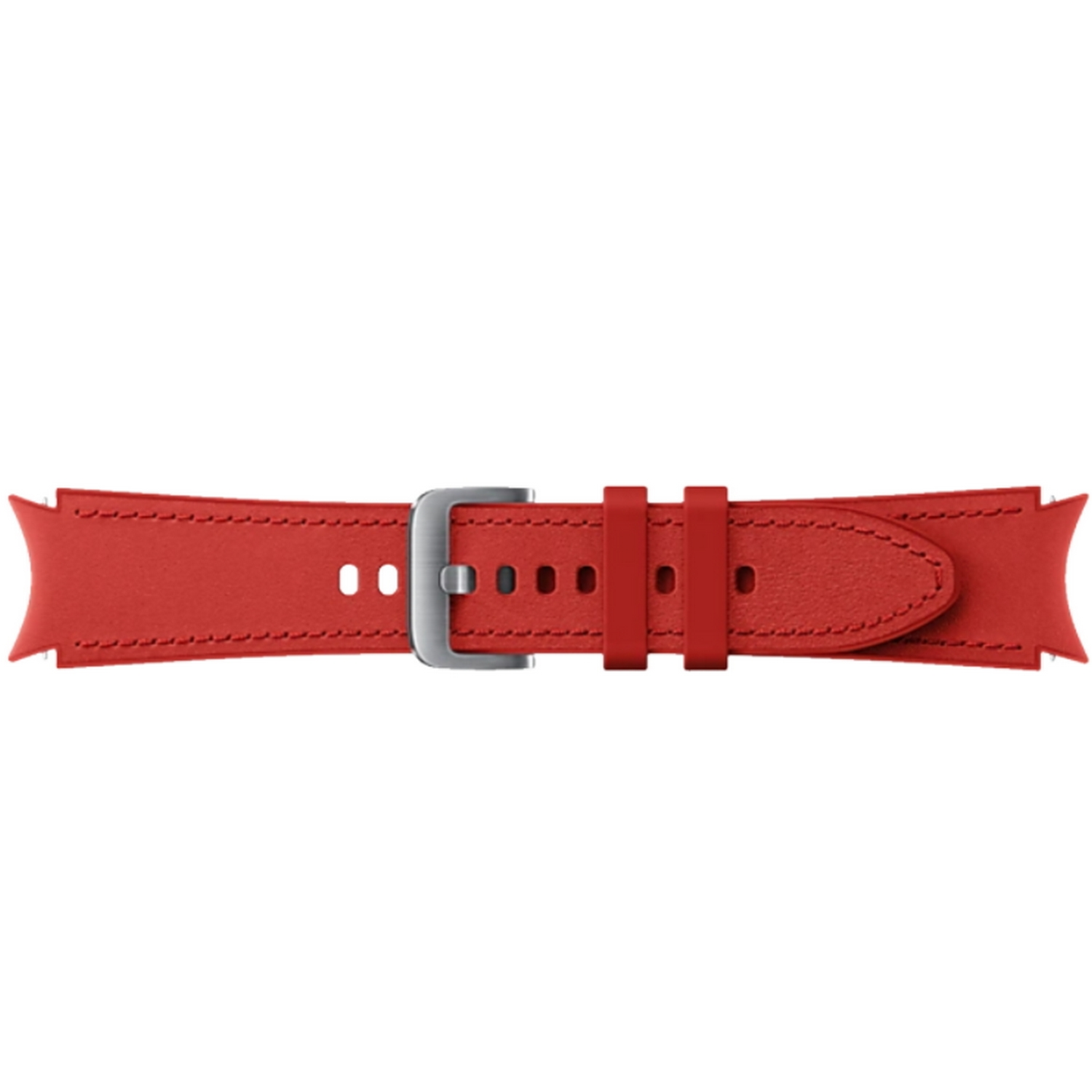 Correa de reloj roja con hebilla plateada. Cuero con costuras.