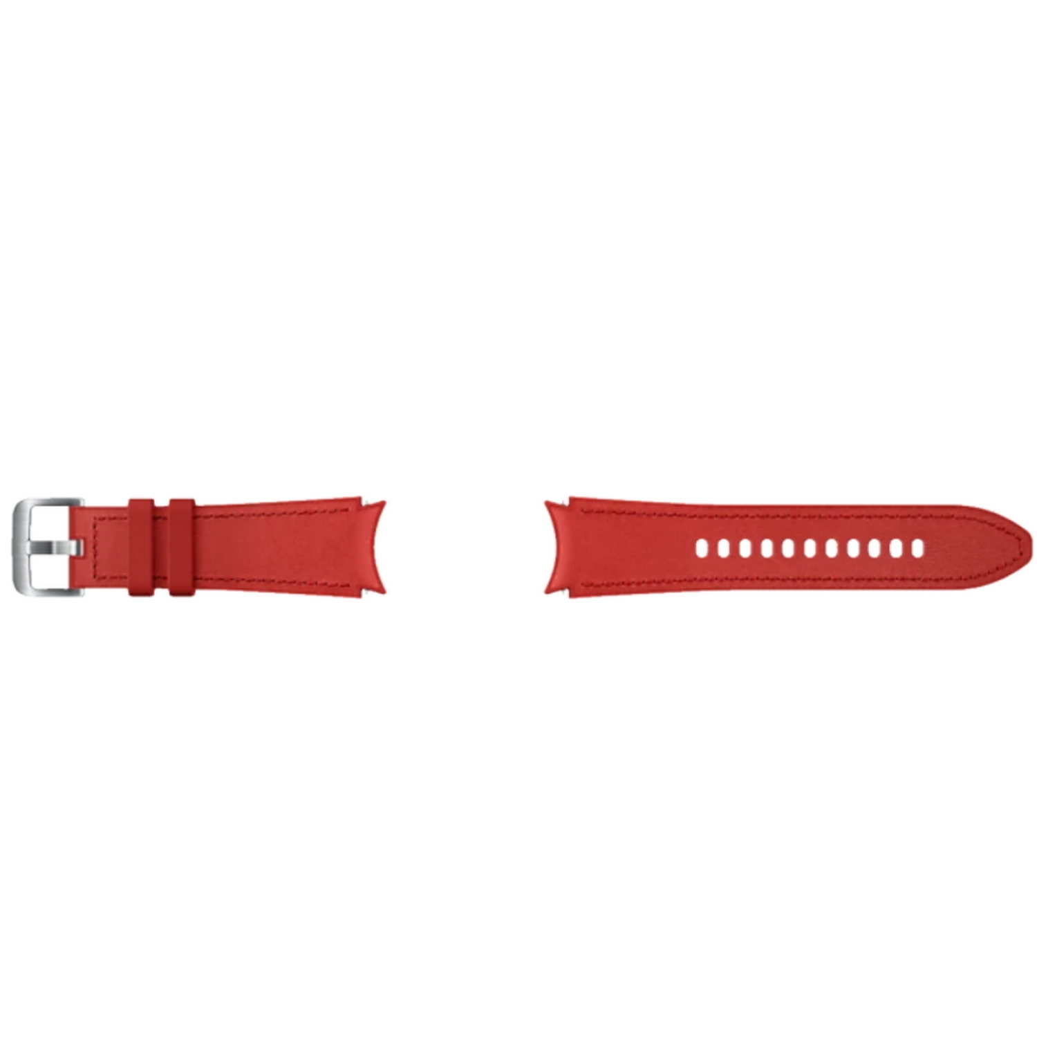 Correa de reloj de cuero rojo con hebilla plateada. El fondo es blanco.