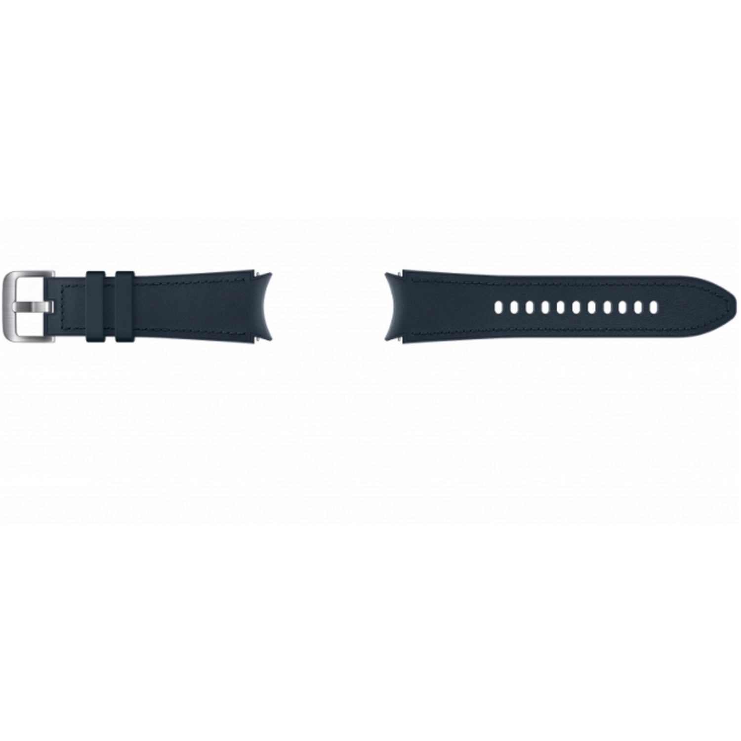 Dos correas de reloj de cuero azul oscuro separadas con hebillas plateadas sobre fondo blanco.