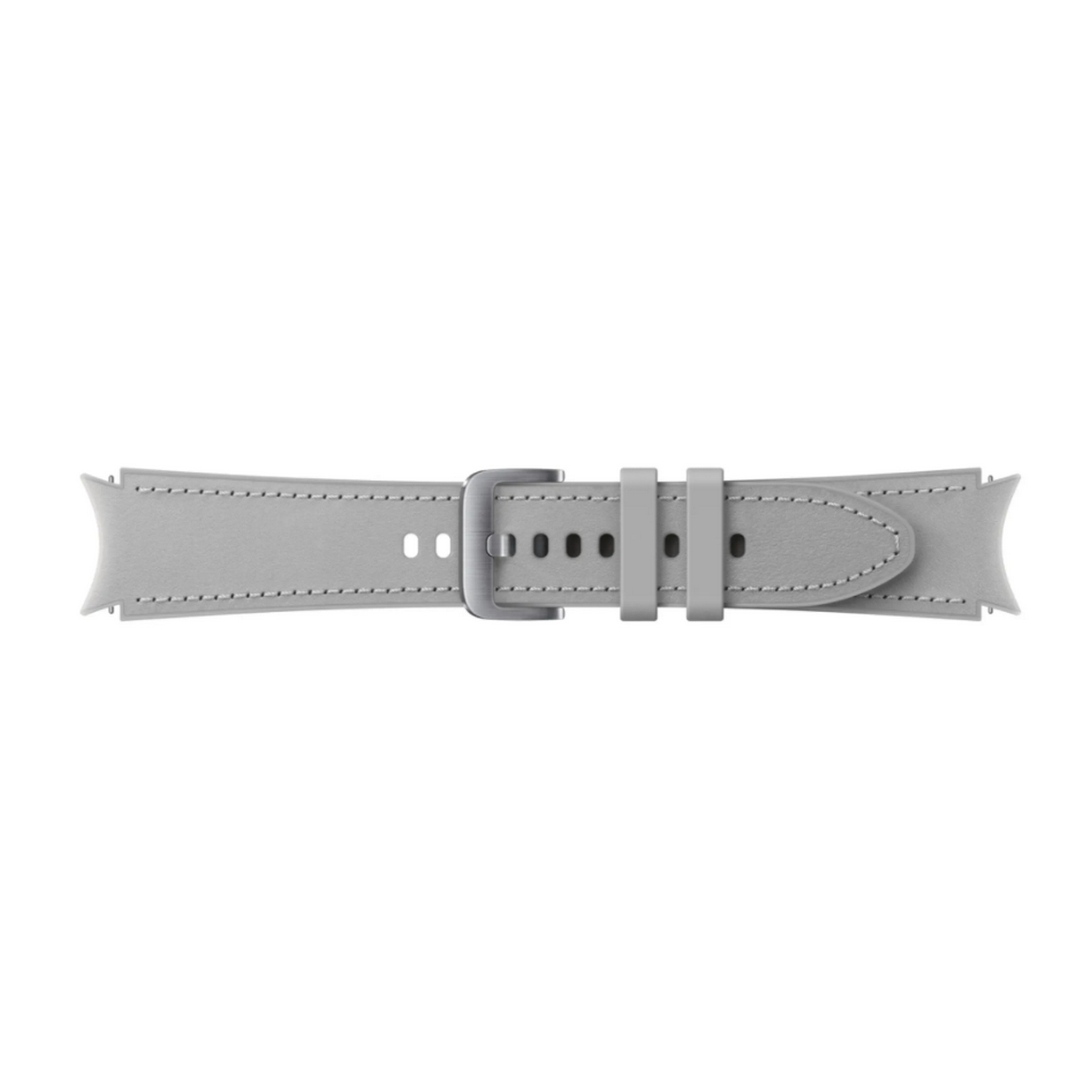 Correa de reloj gris claro con hebilla plateada. Esta correa tiene detalles de costura y un diseño clásico.