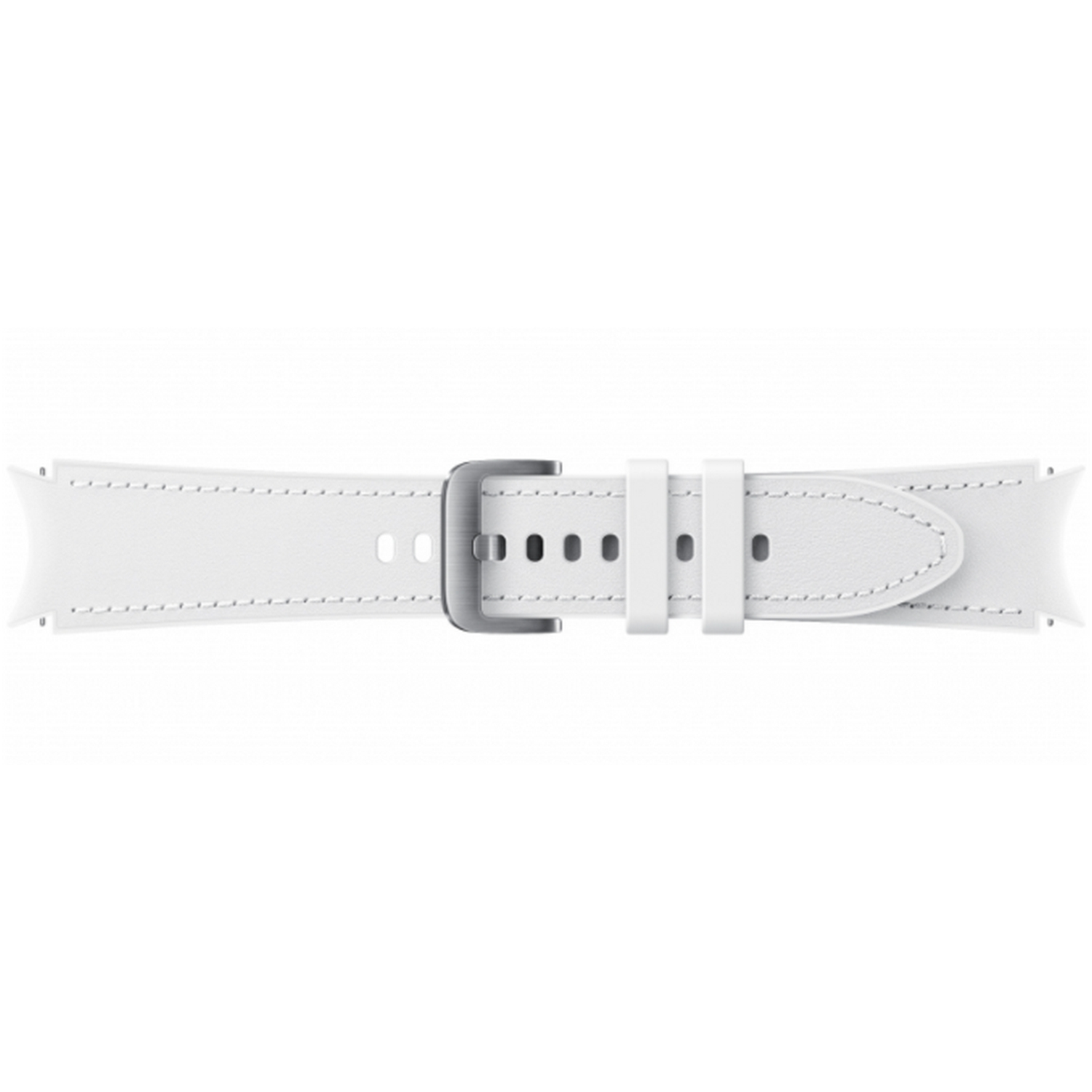 Correa de reloj blanca con hebilla plateada.