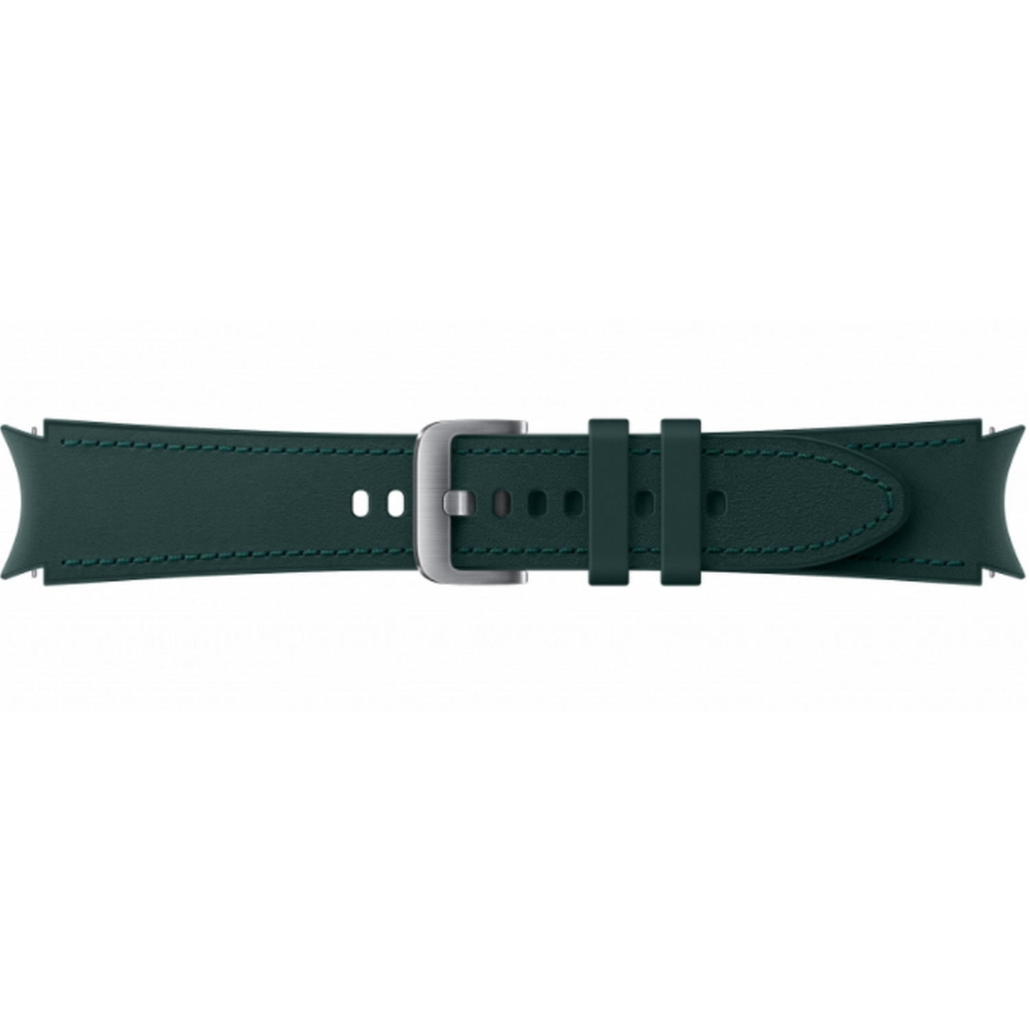 Correa de reloj verde con hebilla plateada.