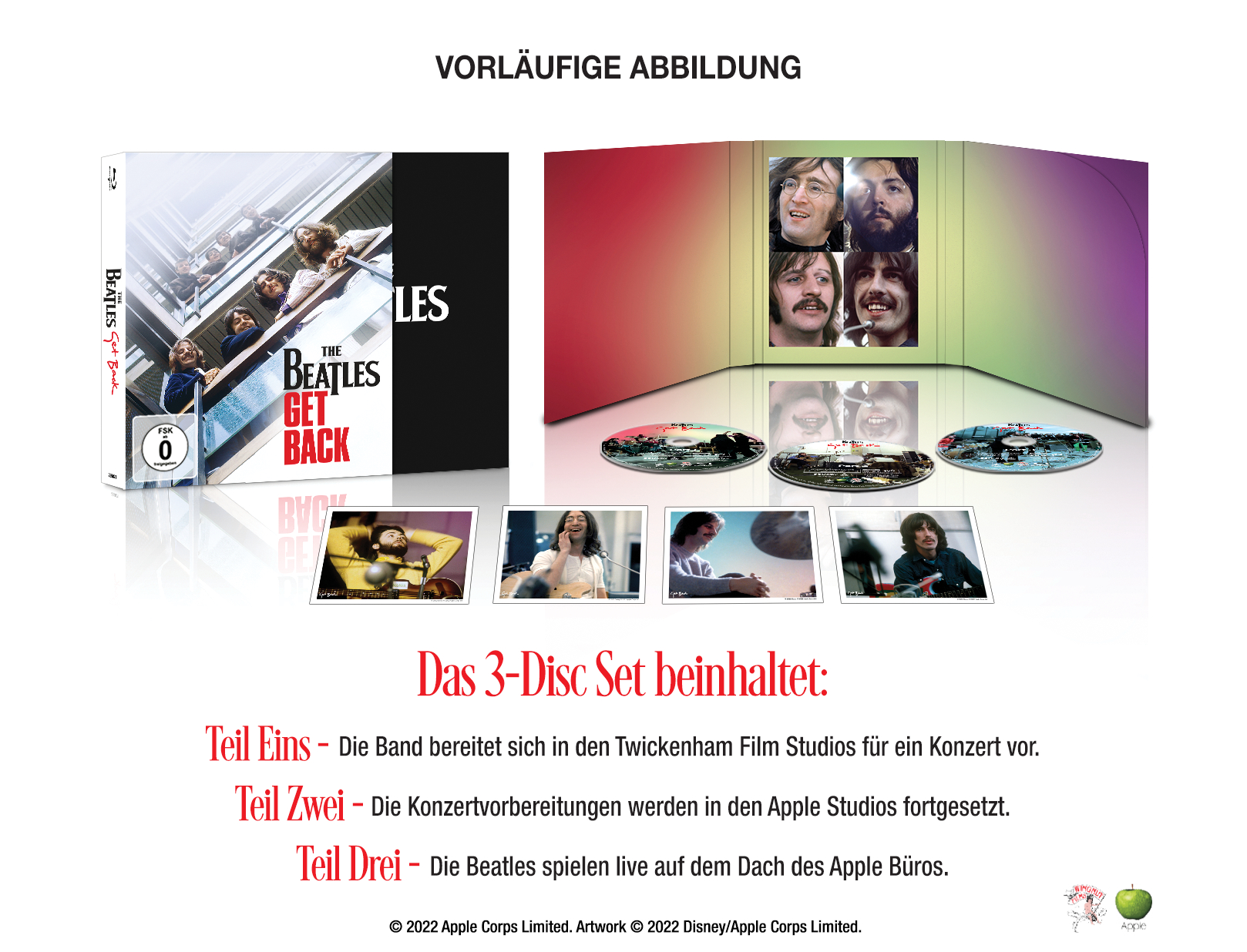 The Beatles Get Back DVD-Set. Enthält DVD-Box-Set und Einlagen mit Bandmitglieder-Bildern. Weißer Hintergrund.