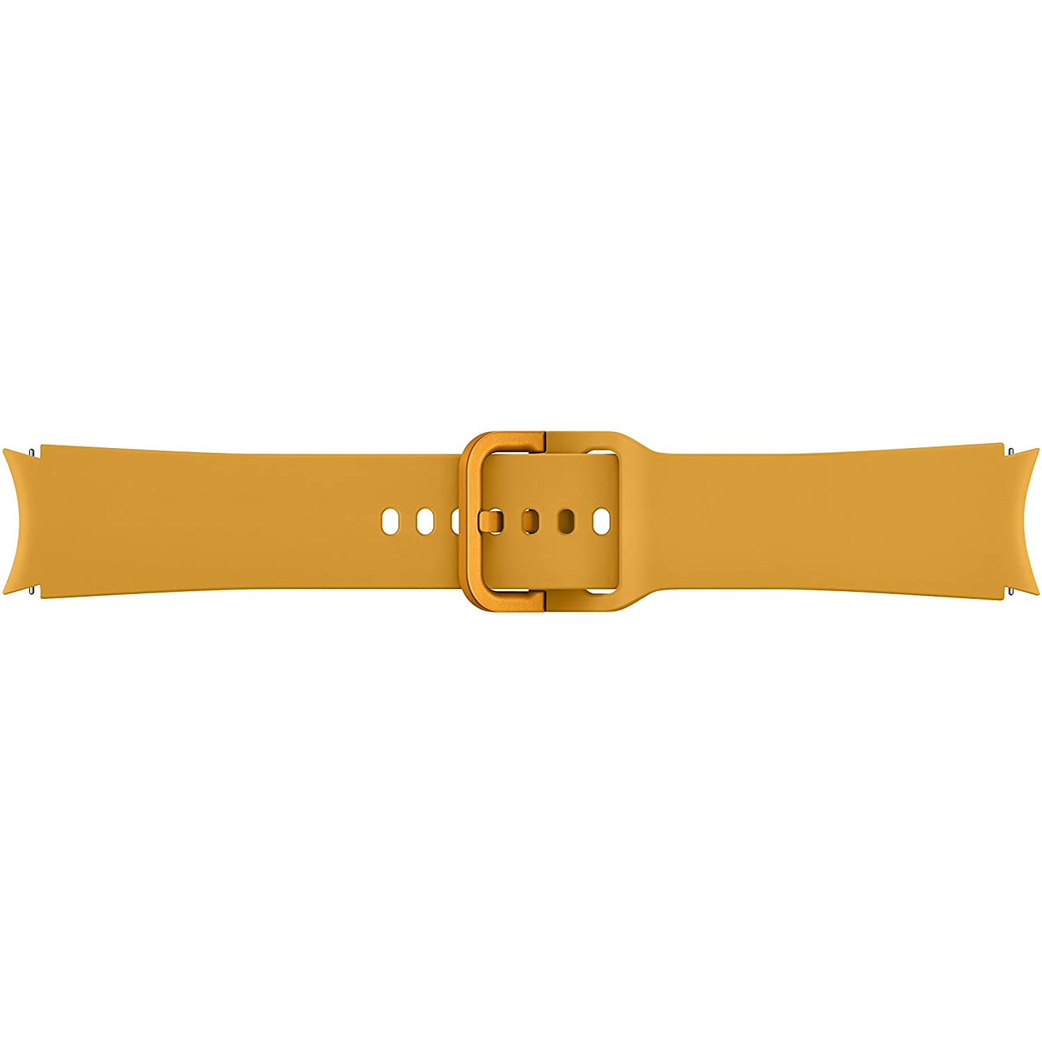 Una correa de reloj amarilla con hebilla dorada.