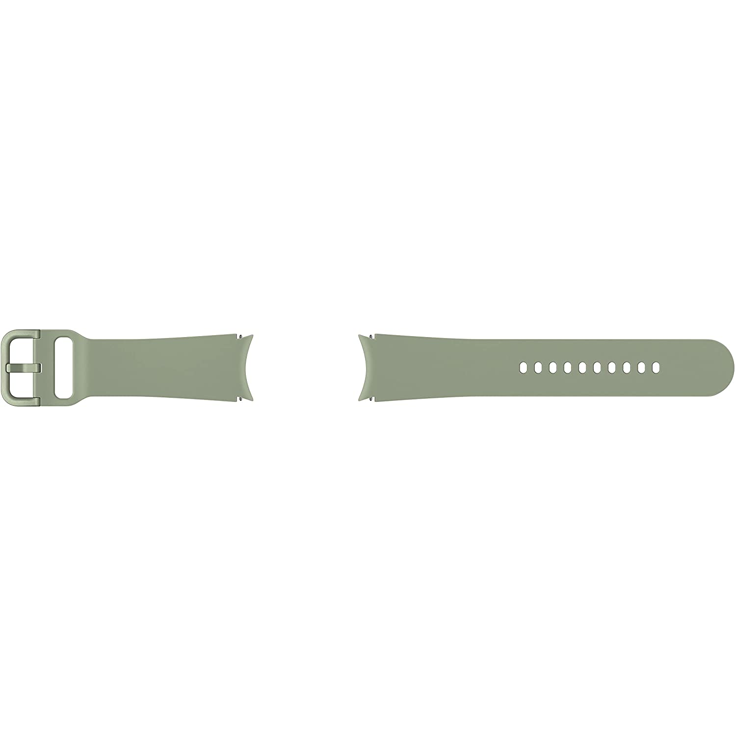 Una correa verde para smartwatch. Tiene una hebilla y agujeros para ajustar.