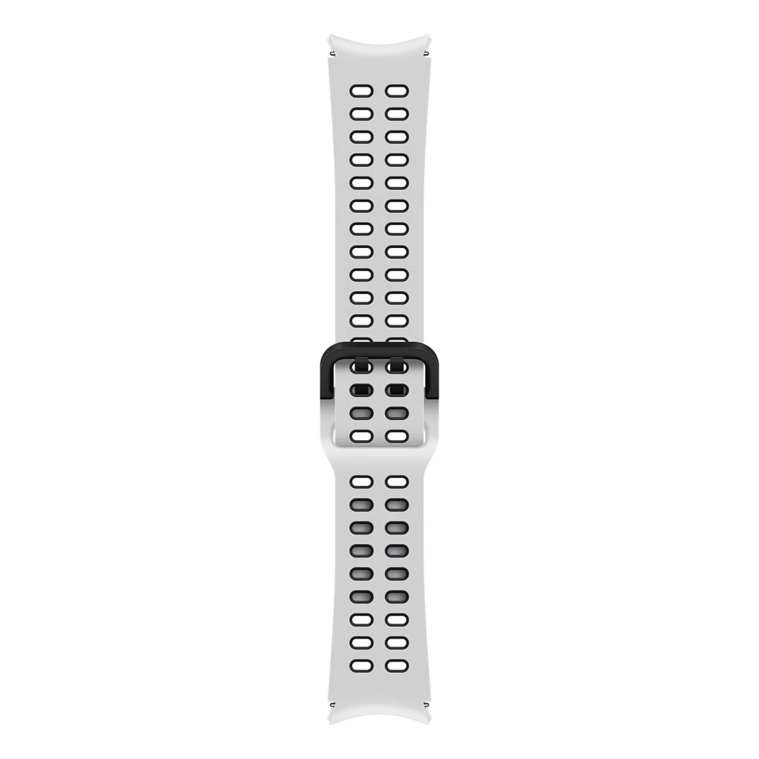Correa de reloj inteligente blanca con hebilla negra y agujeros. Los agujeros están en forma de rejilla.