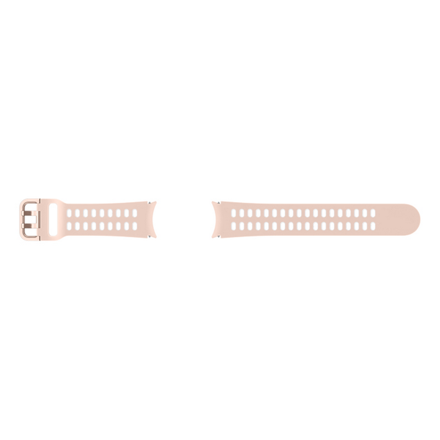 Dos correas de reloj beige con muchos agujeros, sobre un fondo blanco.