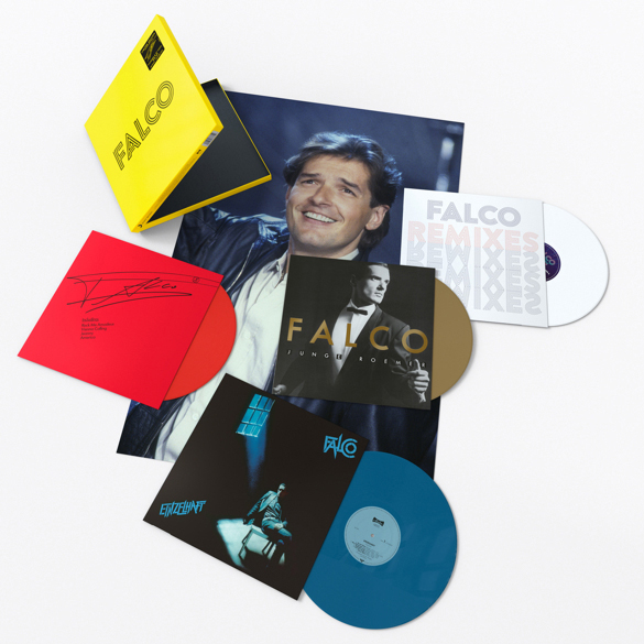 Albumcover mit mehreren Schallplatten und einem Bild eines Mannes. Gelb, rot und schwarz.