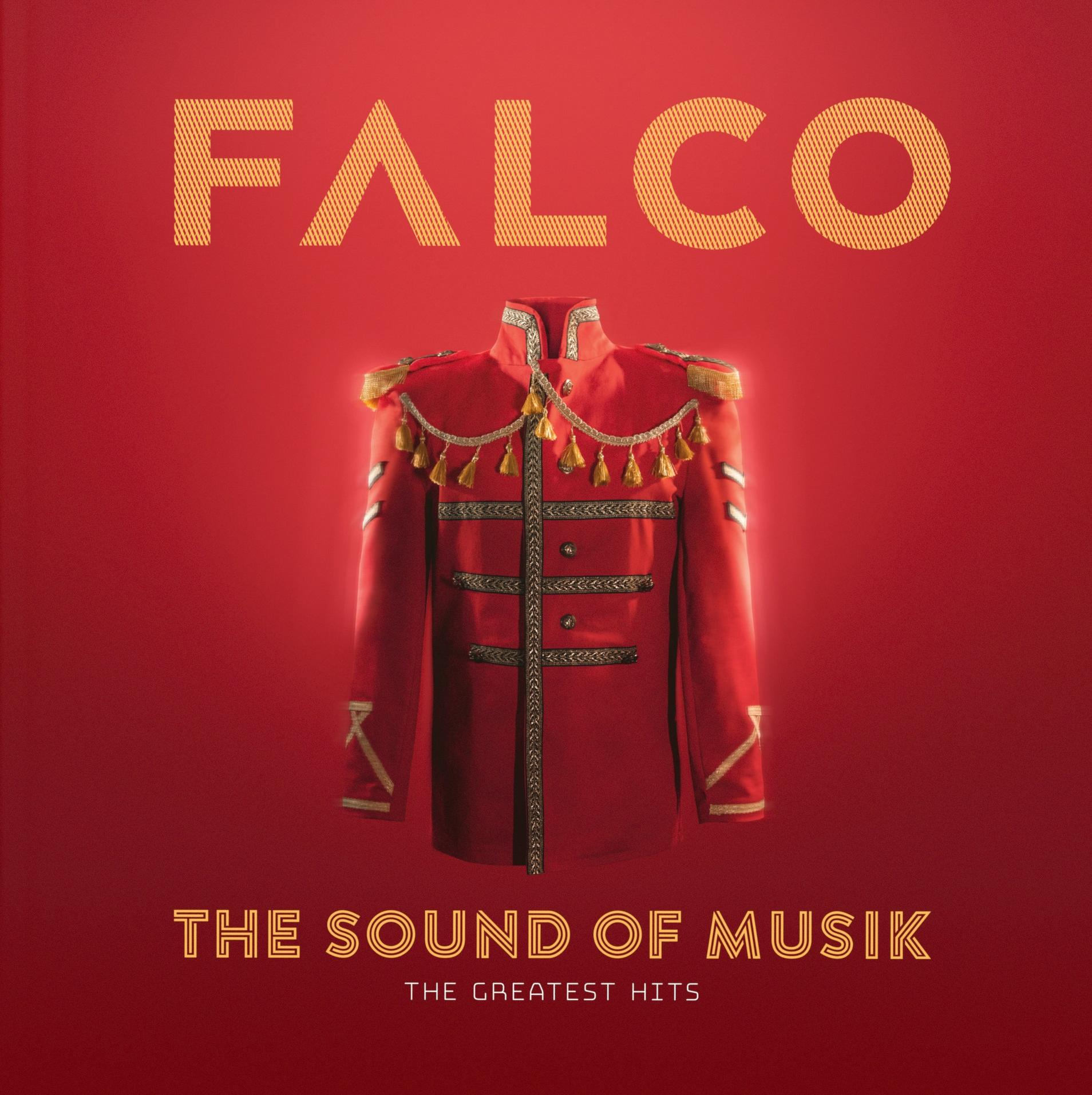 Albumcover von Falco. Rote Jacke mit Goldbesatz auf rotem Hintergrund. Das Wort FALCO steht oben.