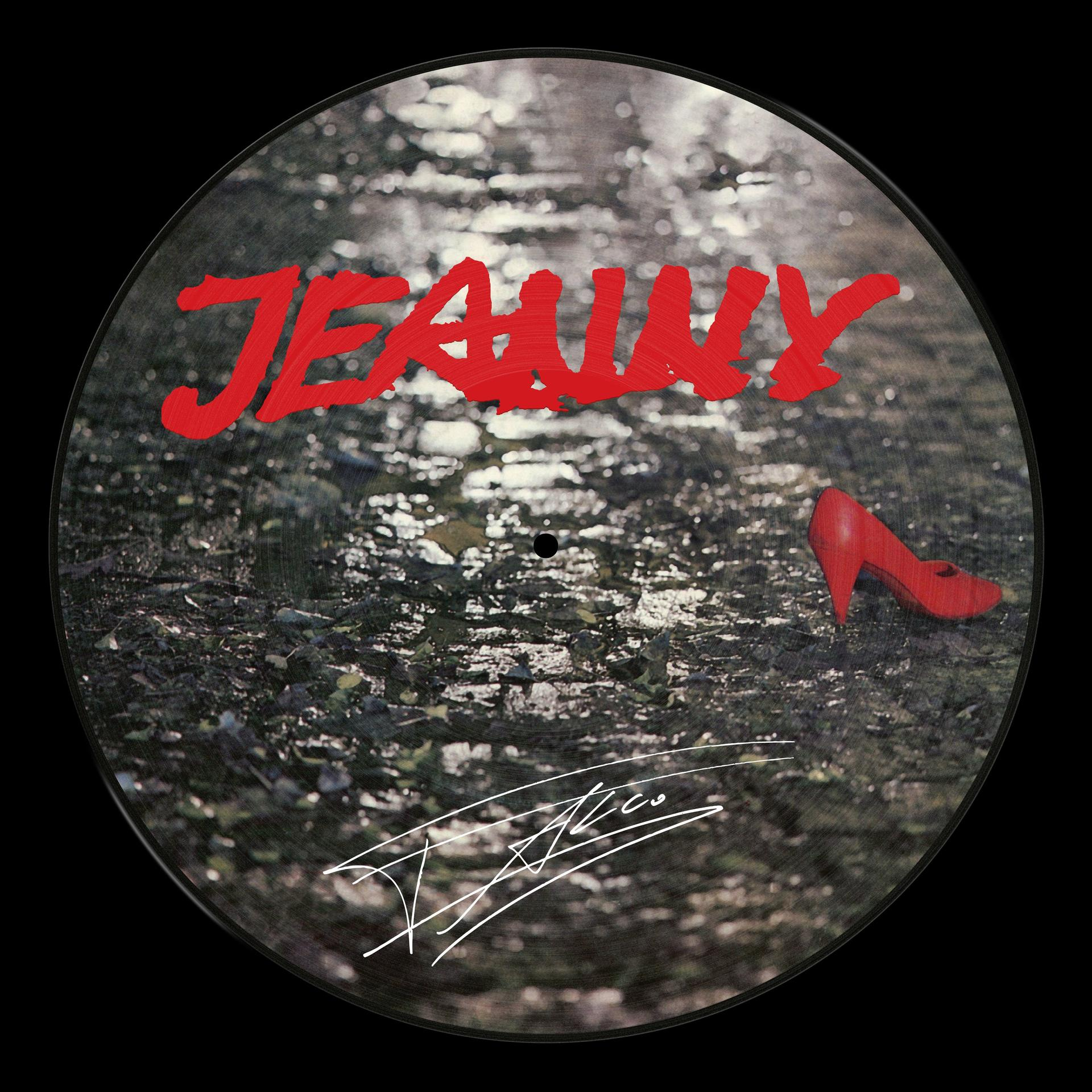 Schallplatte mit rotem Text 'JEANNY'. Roter Schuh ist vorhanden. Signatur.