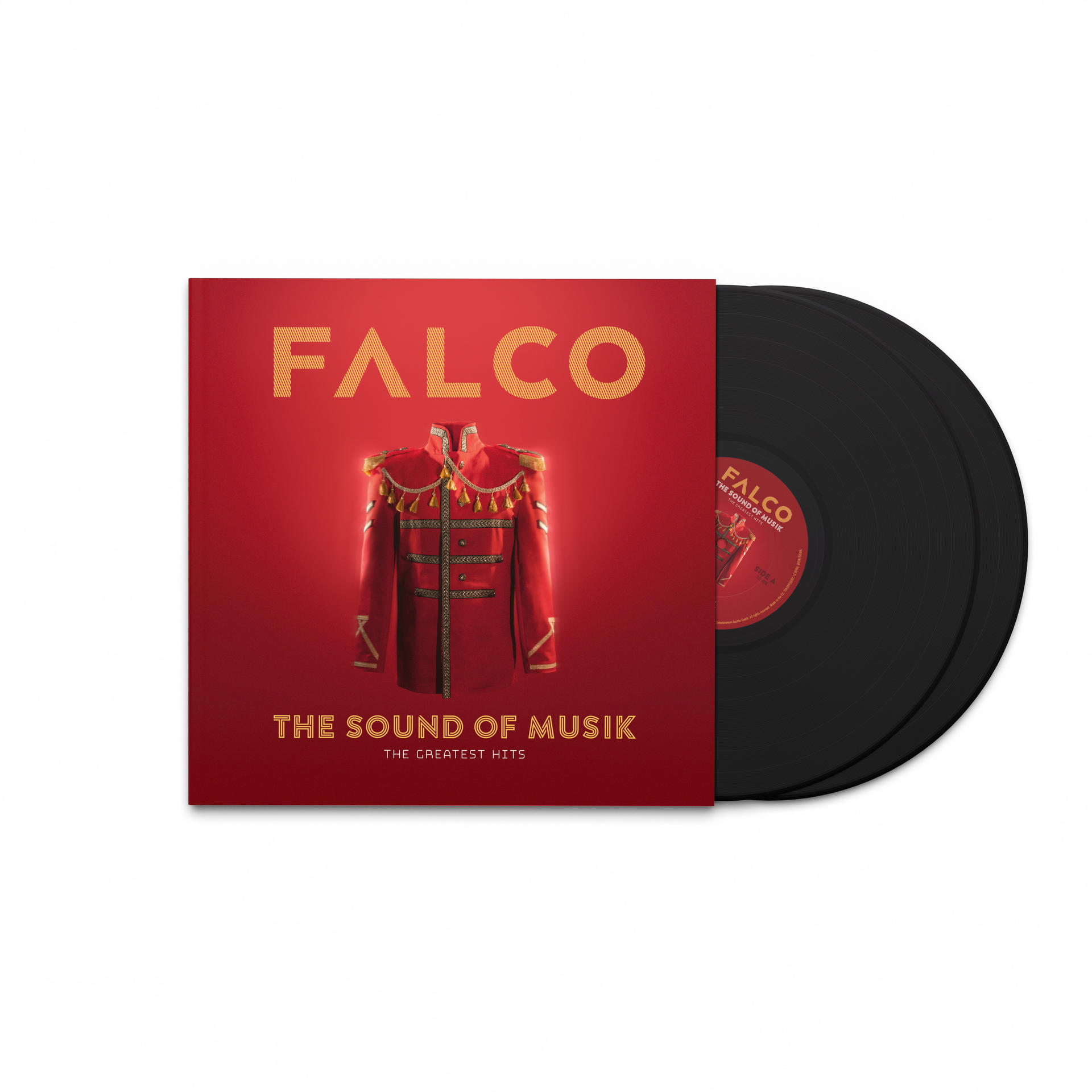 Albumcover für Falcos "The Sound of Musik". Eine rote Jacke auf dem Cover. Zwei schwarze Schallplatten.
