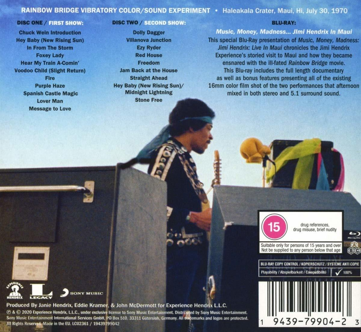 Een vintage muziekalbumhoes met Jimi Hendrix die optreedt op het podium, met tekst met liedjes en credits.