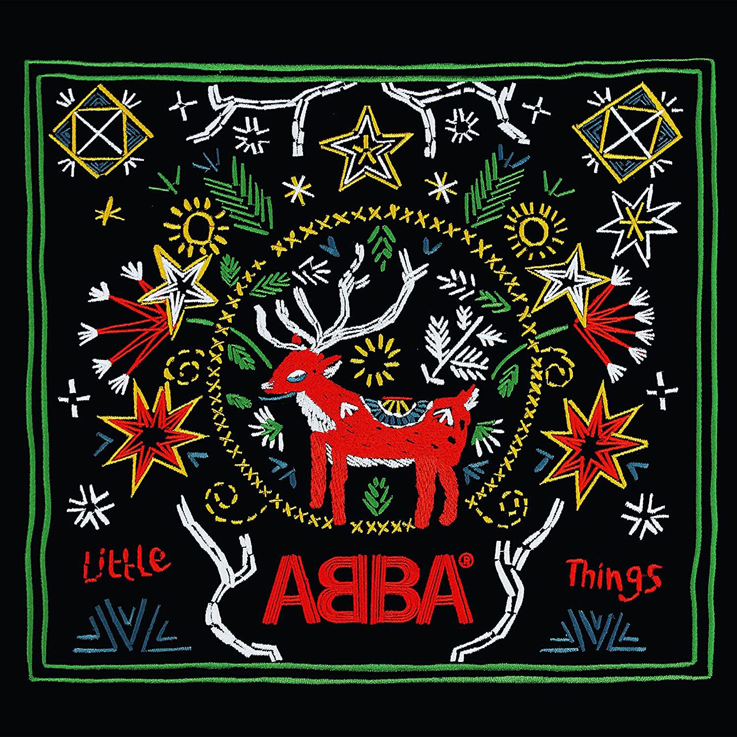 Schwarzes Quadrat mit ABBA-Text und einem roten Hirsch-Symbol.