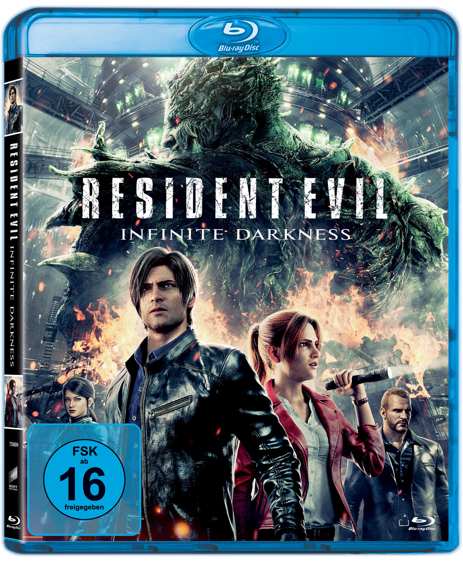 Blu-ray-Cover von Resident Evil: Infinite Darkness, mit Charakteren und einem Monster.