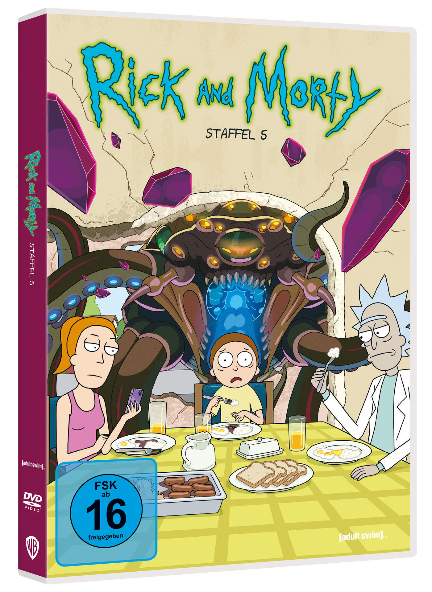 DVD-Hülle für Rick and Morty: Staffel 5, mit den Charakteren.