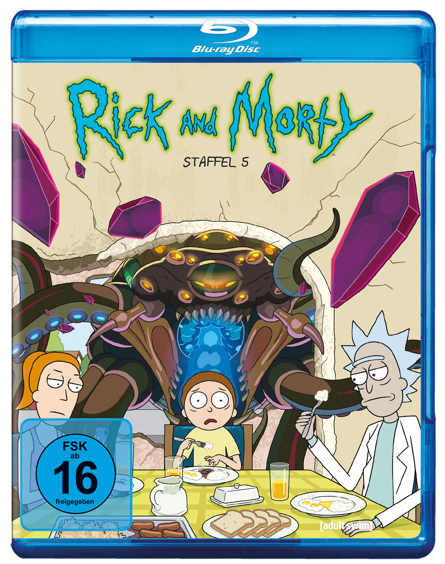 Rick and Morty Staffel 5 Blu-ray-Cover, Zeichentrickfiguren am Tisch, Alien-Kulisse, blaue Hülle.