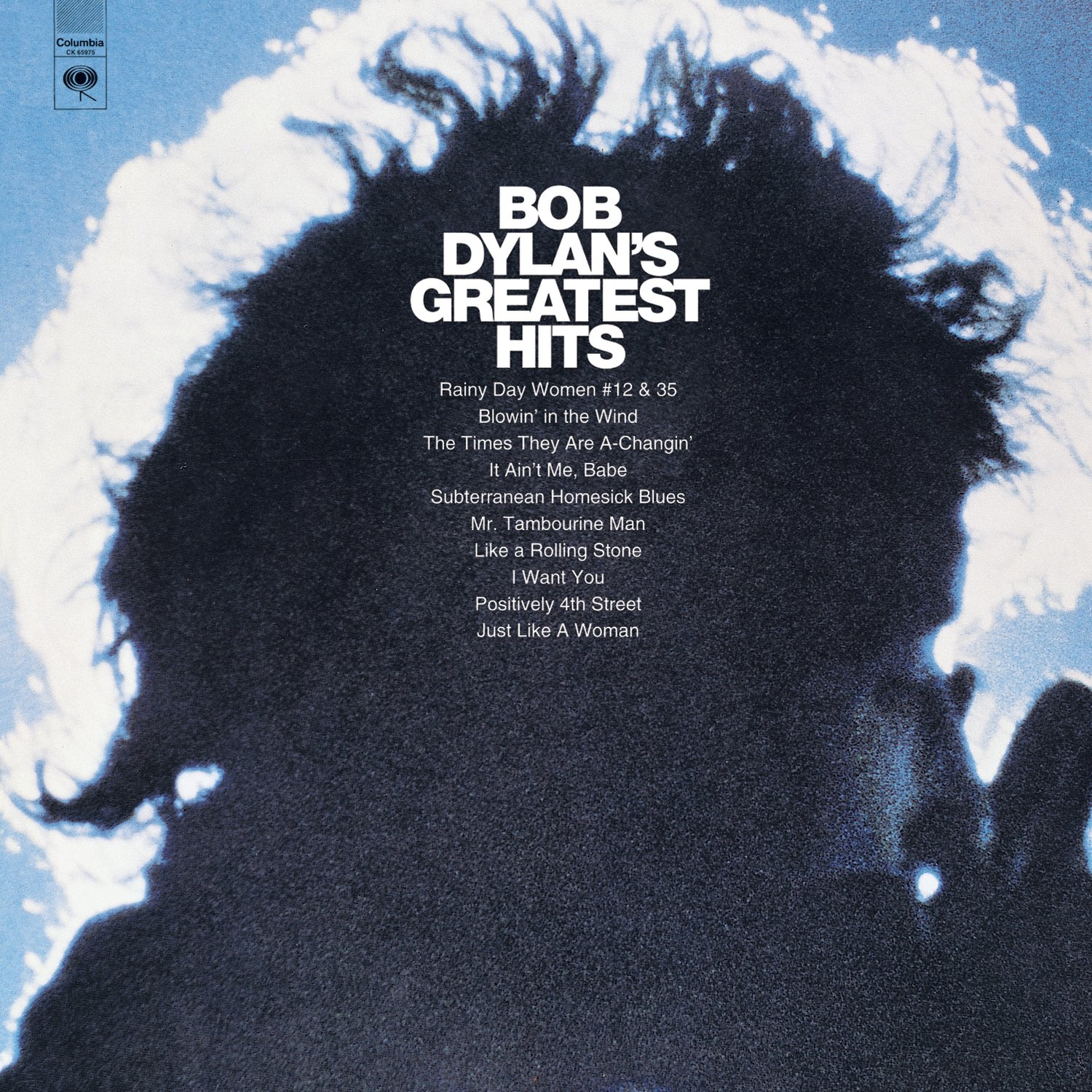 Bob Dylan Greatest Hits album borító. Dylan arcának sziluettje kék háttérrel.