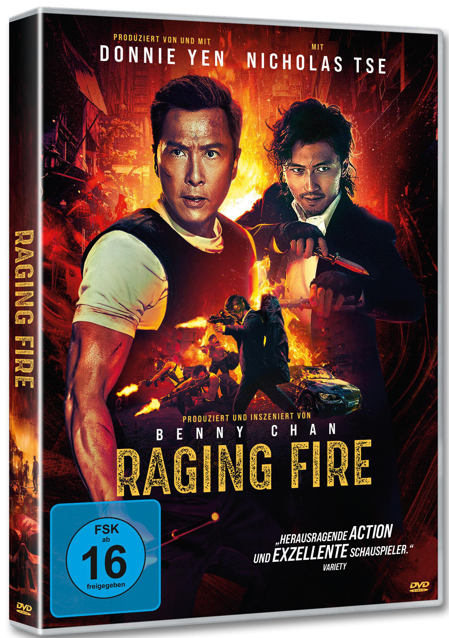 DVD-Cover mit zwei Männern in Aktion. Titel: Raging Fire, mit brennendem Gebäude im Hintergrund.