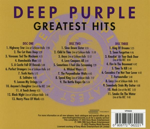 Albumcover von Deep Purples größten Hits mit Titellisten und Credits.