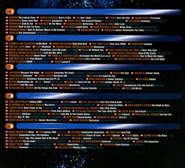CD-Album mit Titelliste. Titel und Künstlernamen sind aufgeführt. Der Hintergrund ist dunkelblau.