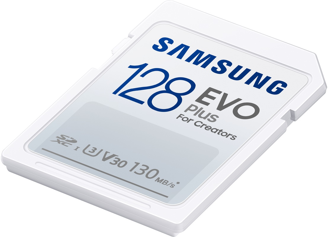 Witte en blauwe 128 GB Samsung EVO Plus MicroSD-kaart voor makers.