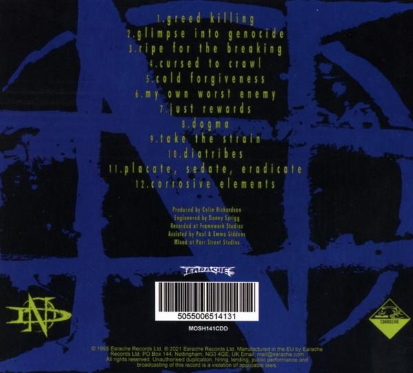 Rückseite eines Albums mit Titelliste und Credits auf dunkelblauem Hintergrund.
