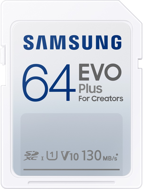 Witte Samsung 64GB EVO Plus SD-kaart. Blauwe tekst en cijfers. Witte achtergrond.