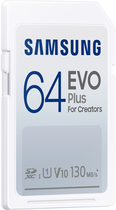Een witte Samsung 64 EVO Plus SD-kaart met blauwe tekst en een grijze achtergrond aan de voorkant.