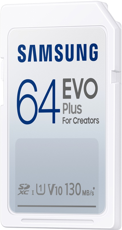 Witte SD-kaart met blauwe tekst '64 EVO Plus'. SD- en UHS-I symbolen.