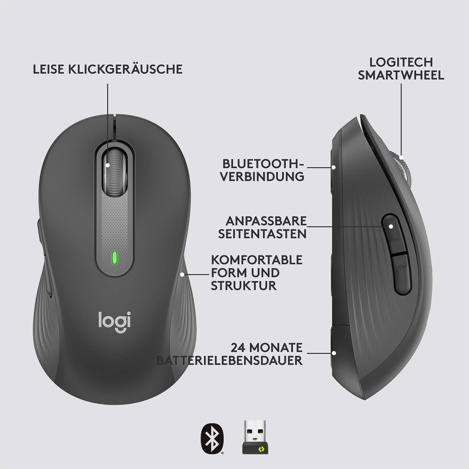 Dunkelgraue Maus mit Seitentasten und Scrollrad.