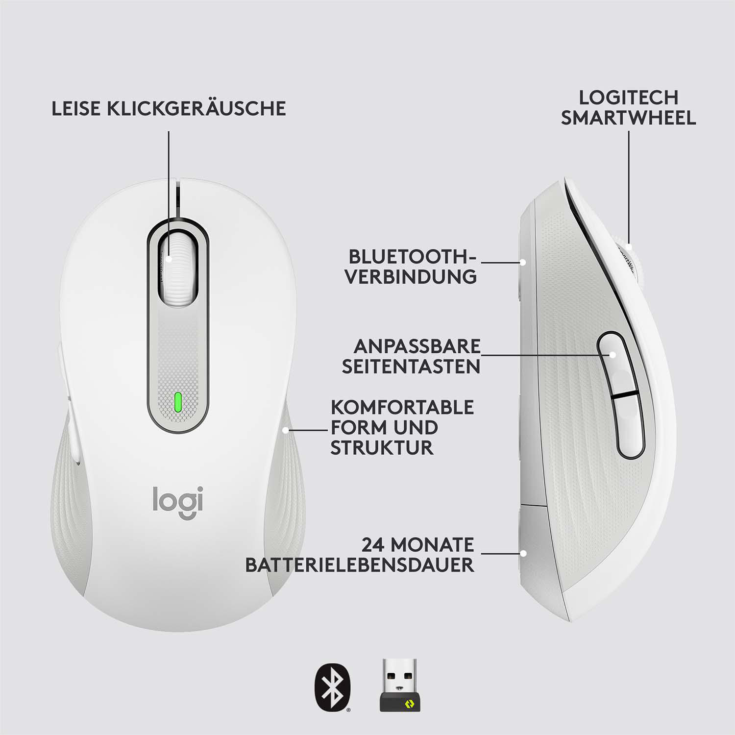 Eine weiße Logitech-Maus mit Hinweisen auf Funktionen wie das Smartwheel.