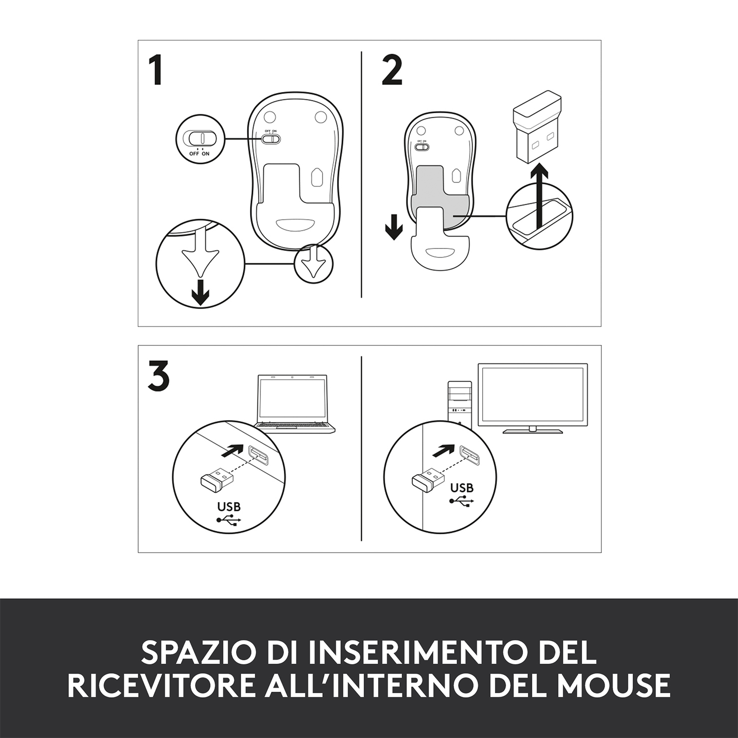 Diagramma che mostra come usare un mouse wireless. Passaggi 1-3, con frecce che indicano le azioni.