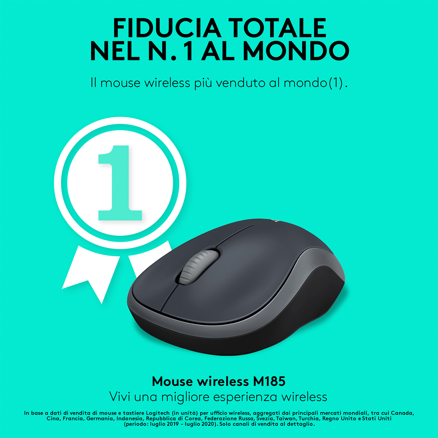 Un mouse wireless nero con un distintivo numero uno su sfondo verde acqua.
