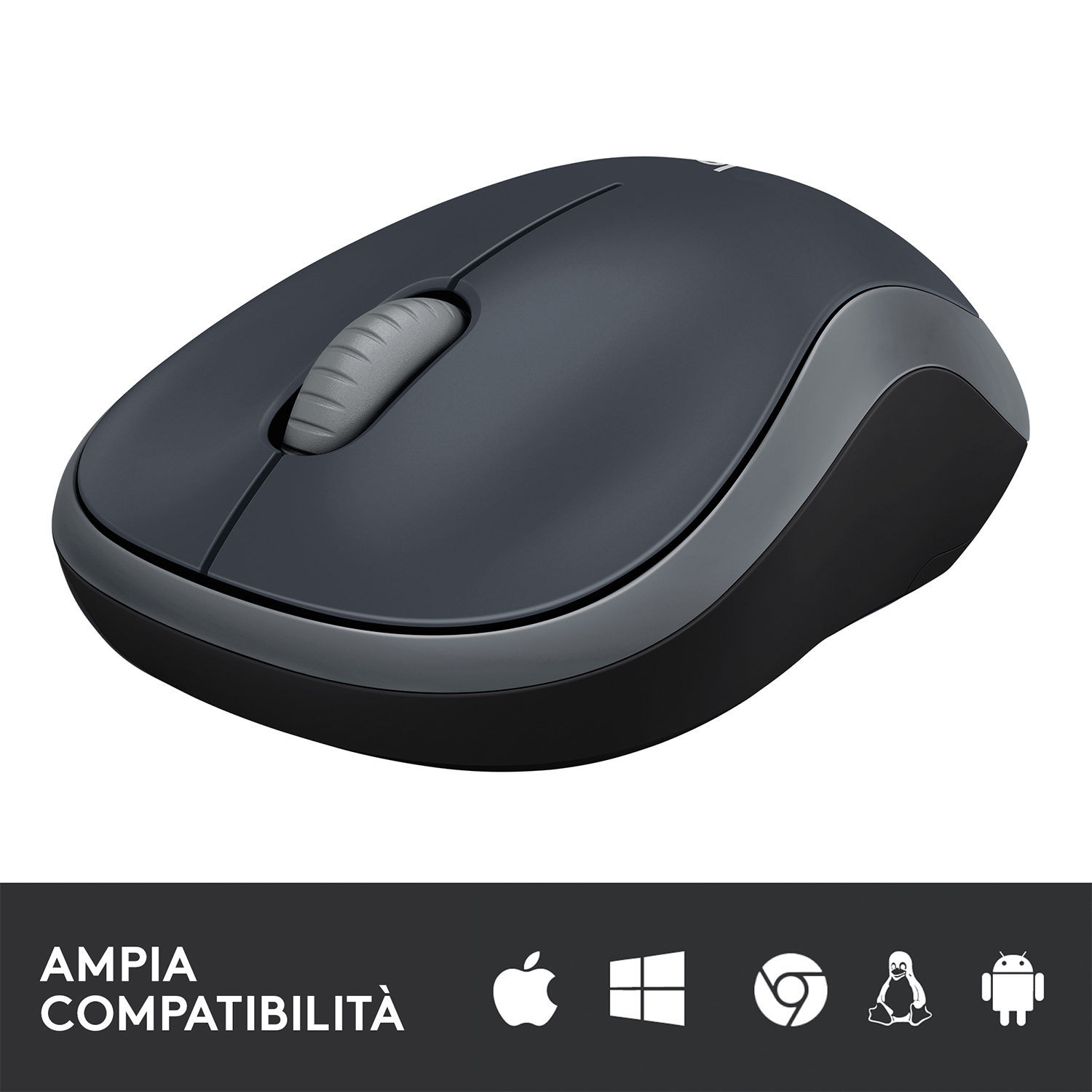 Mouse Logitech nero con rotella di scorrimento e pulsanti grigi, e icone di compatibilità.