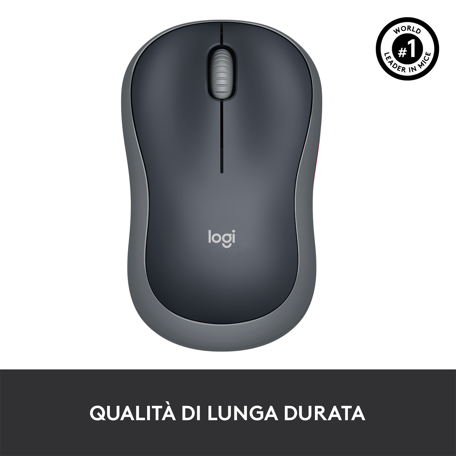 Vista dall'alto di un mouse Logitech grigio con la scritta 'Qualità di lunga durata'.