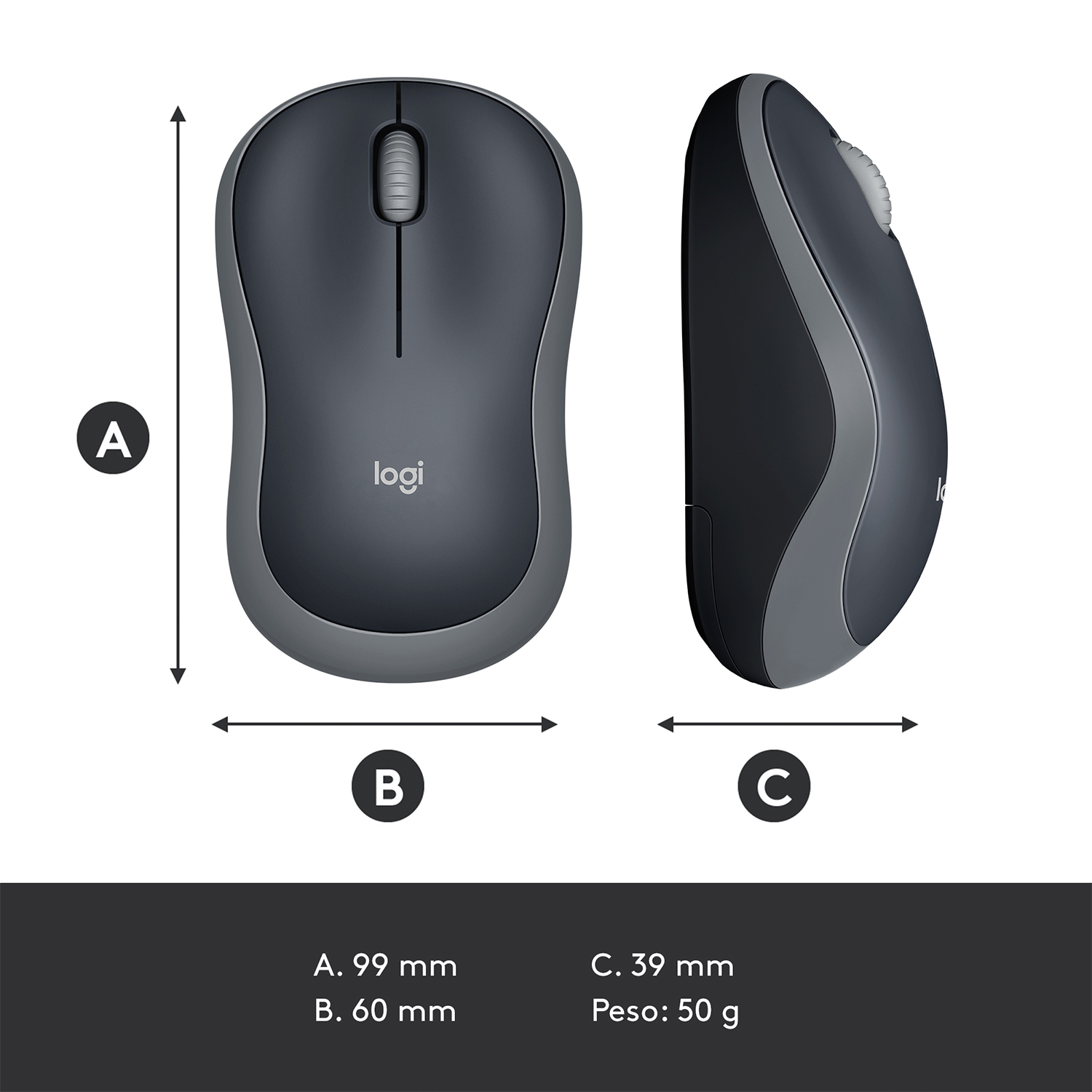 Un mouse con dimensioni. Vista dall'alto e laterale con misure, che mostrano lunghezza e larghezza.