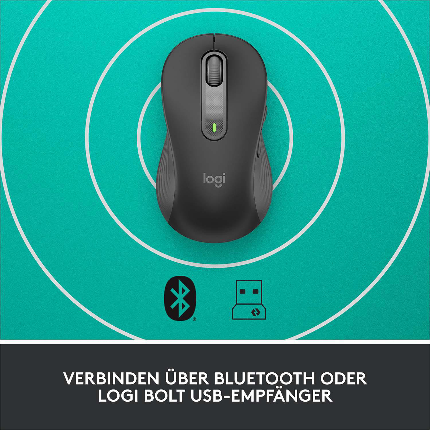 Eine schwarze Logitech-Maus auf blauer Oberfläche mit Bluetooth- und USB-Symbolen.