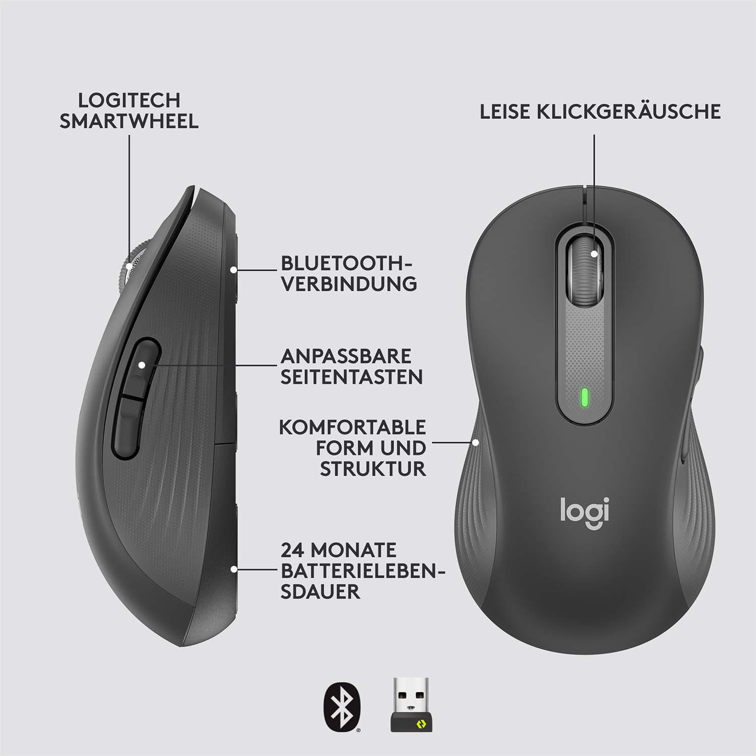 Schwarze Computermaus mit beschrifteten Teilen. Logitech Smartwheel und Bluetooth.