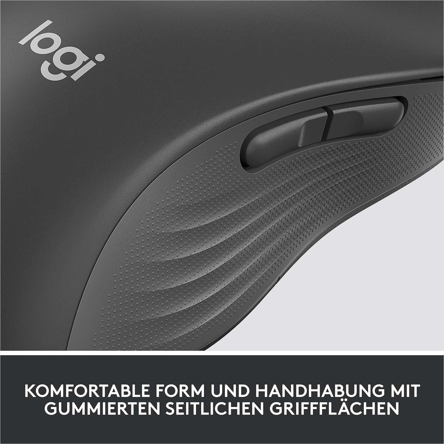 Nahaufnahme einer Maus mit schwarzen Tasten und einem Gummi-Griff. Oben steht 'logi'.