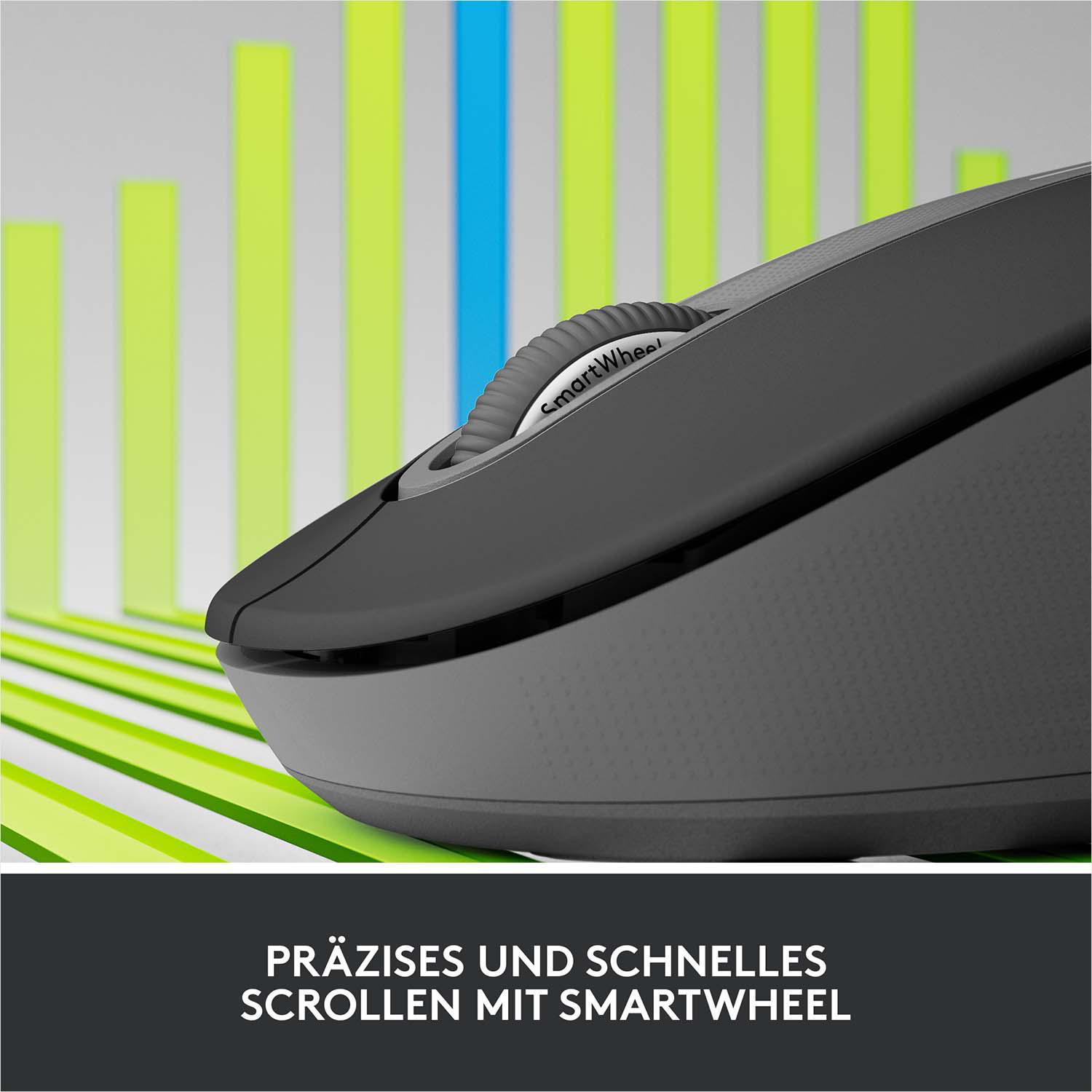 Computermaus mit Scrollrad und Seitentasten. Der Hintergrund hat grüne und blaue Balken.