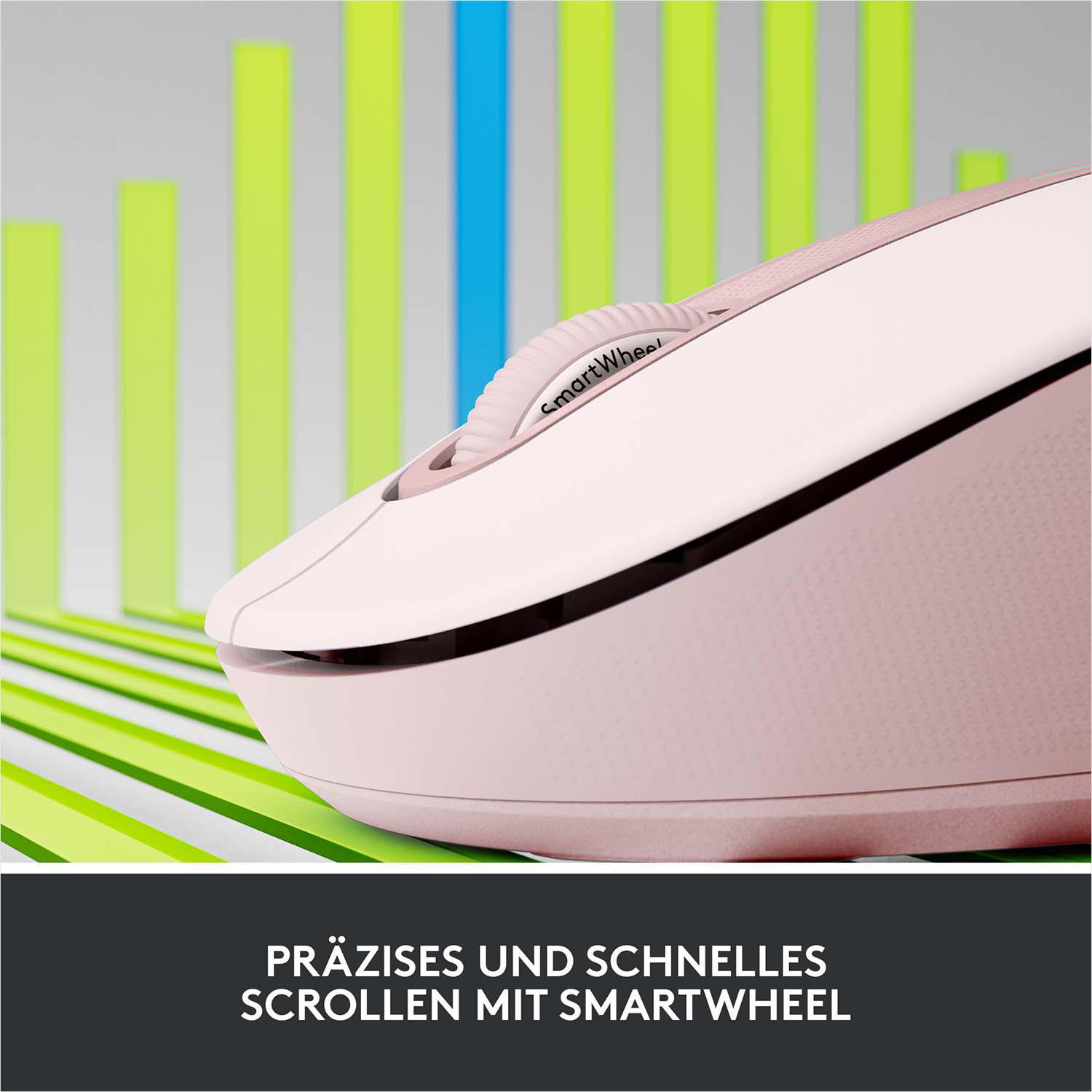 Nahaufnahme einer rosa Maus mit einem Scrollrad. Der Text SmartWheel ist sichtbar.