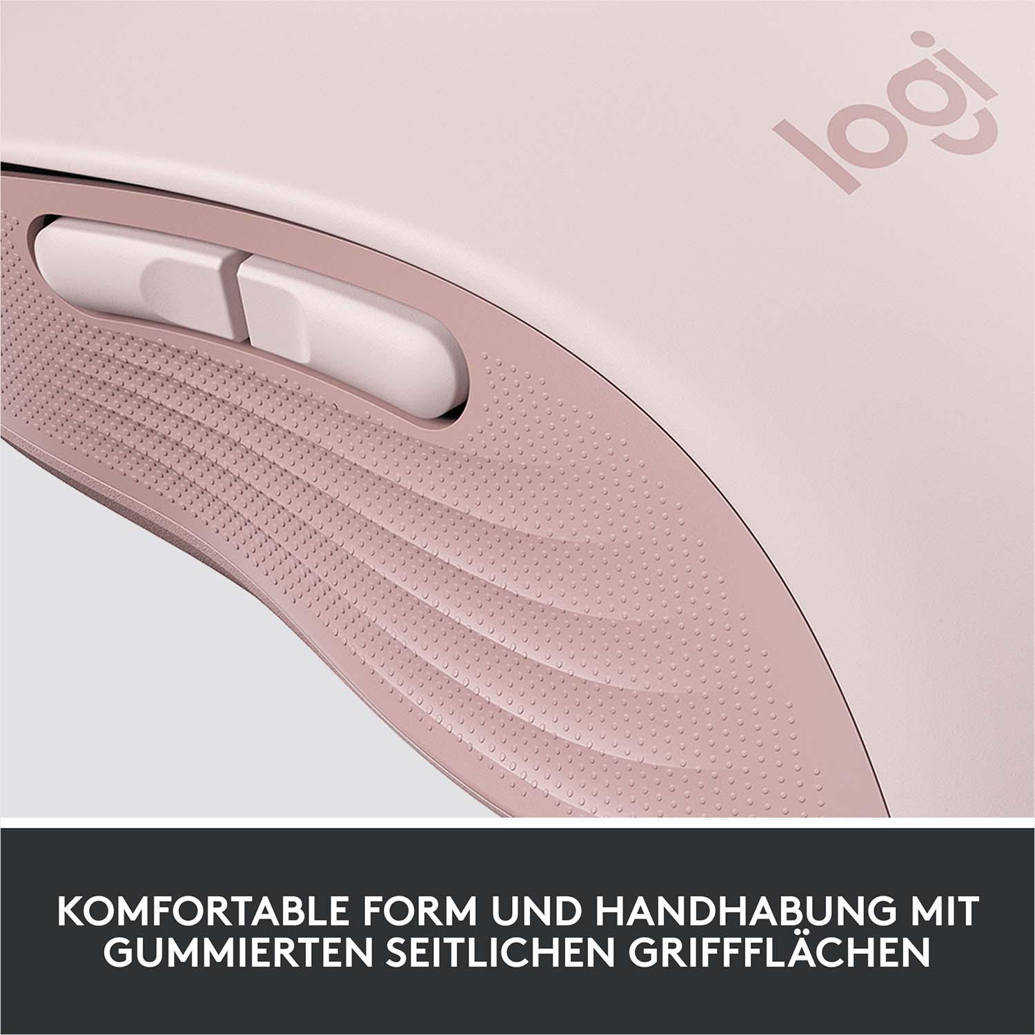 Rosa Logitech-Maus, Nahaufnahme, zeigt strukturierte Seitengriffe und das Logitech-Logo.