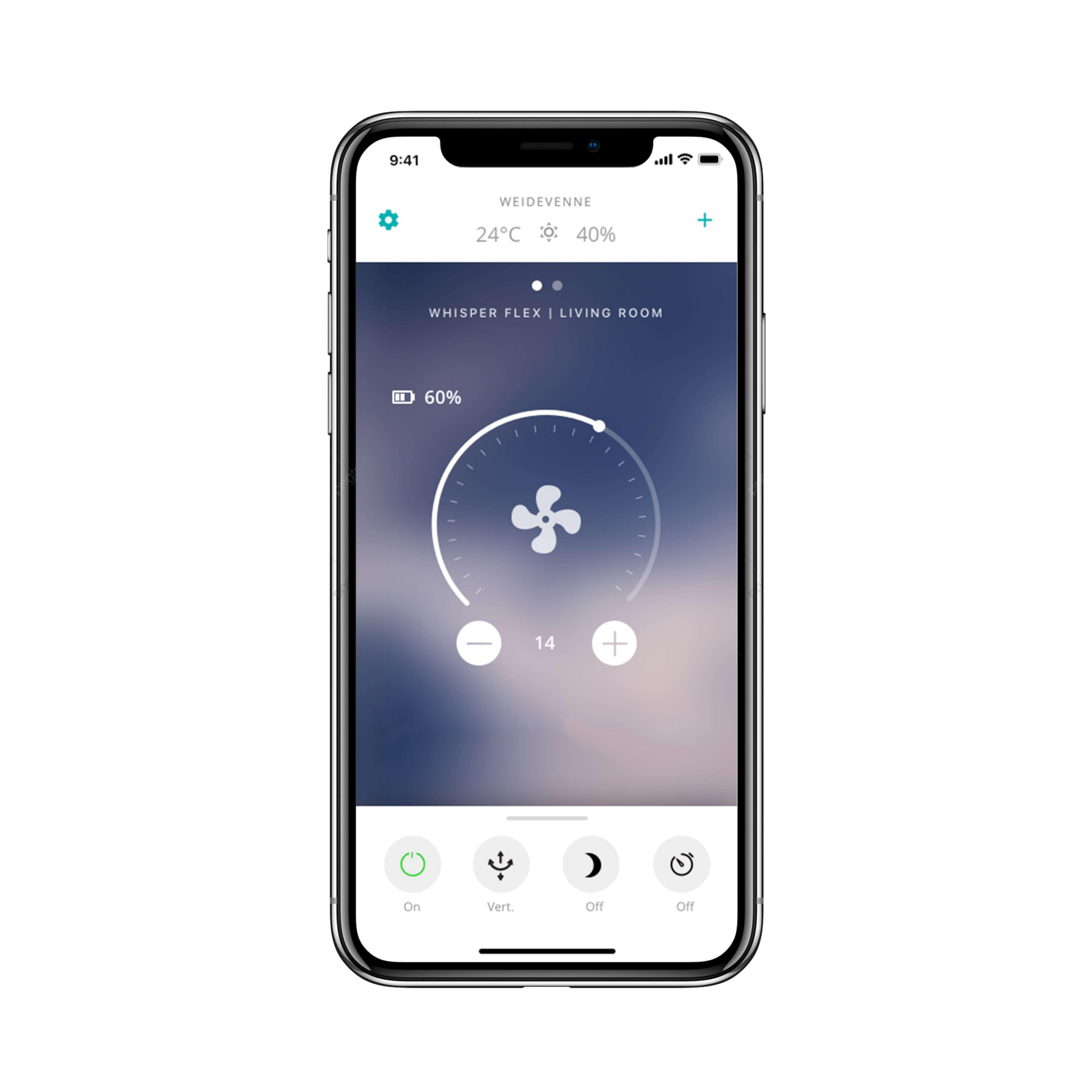 Smartphone-Bildschirm mit App-Oberfläche. Zeigt Lüftersteuerung und Temperatur. Schwarzes Telefon, weißer Hintergrund.