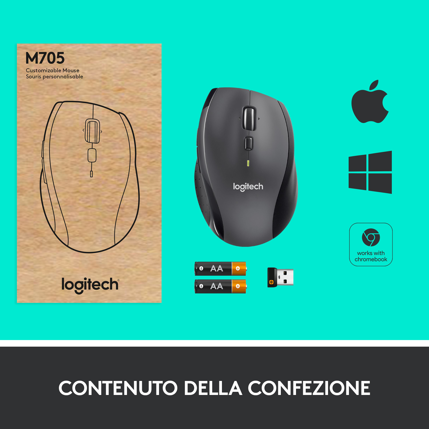 Un mouse in una scatola. La scatola mostra il mouse e le icone di compatibilità dei dispositivi.